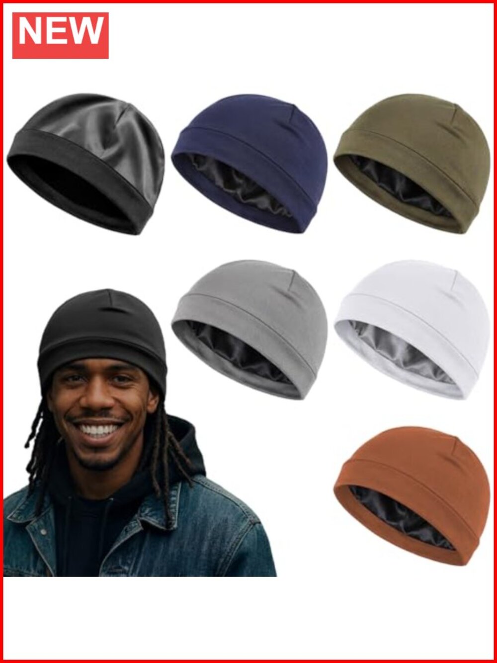 6 Pack Satin-Lined Knit Beanie Skull Caps Silk Lined Night Sleep Hats